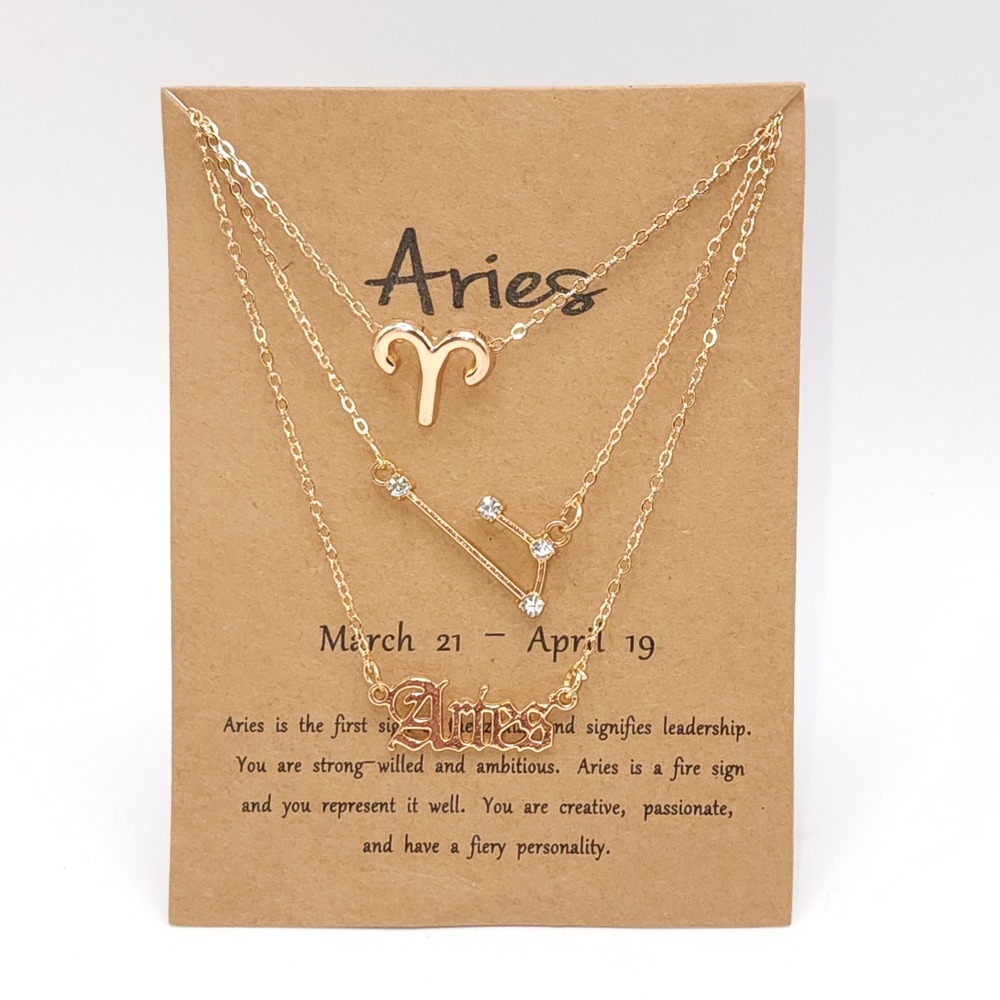 Aries Zodiac Layered Necklace Set Gold Crystal Constellation 3‎ Piece